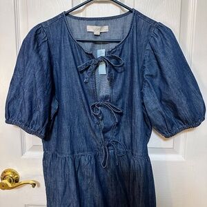 Ann Taylor Loft Large Petite Short Sleeve Denim Dress With Bow Details